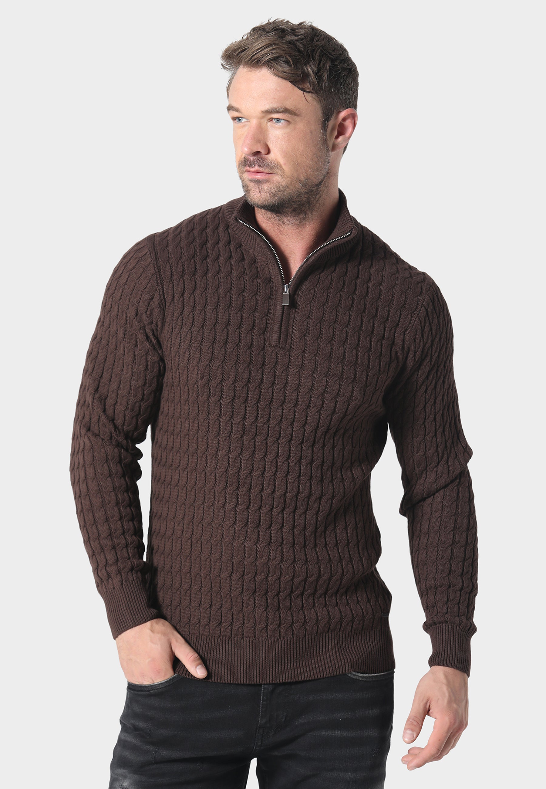 883 POLICE PORTIE 1/4 ZIP CABLE KNIT - BROWN