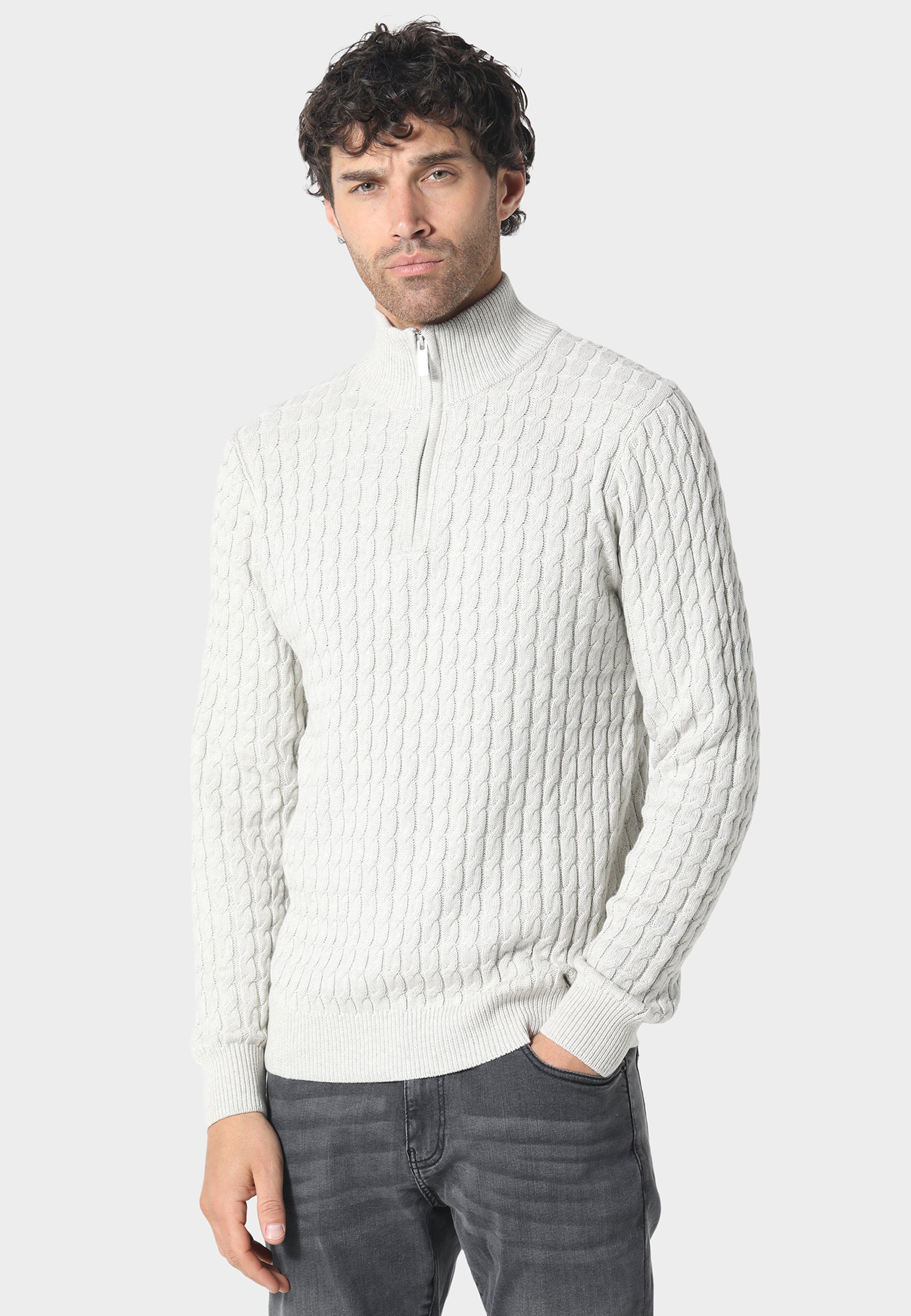 883 POLICE PORTIE 1/4 ZIP CABLE KNIT-ECRU