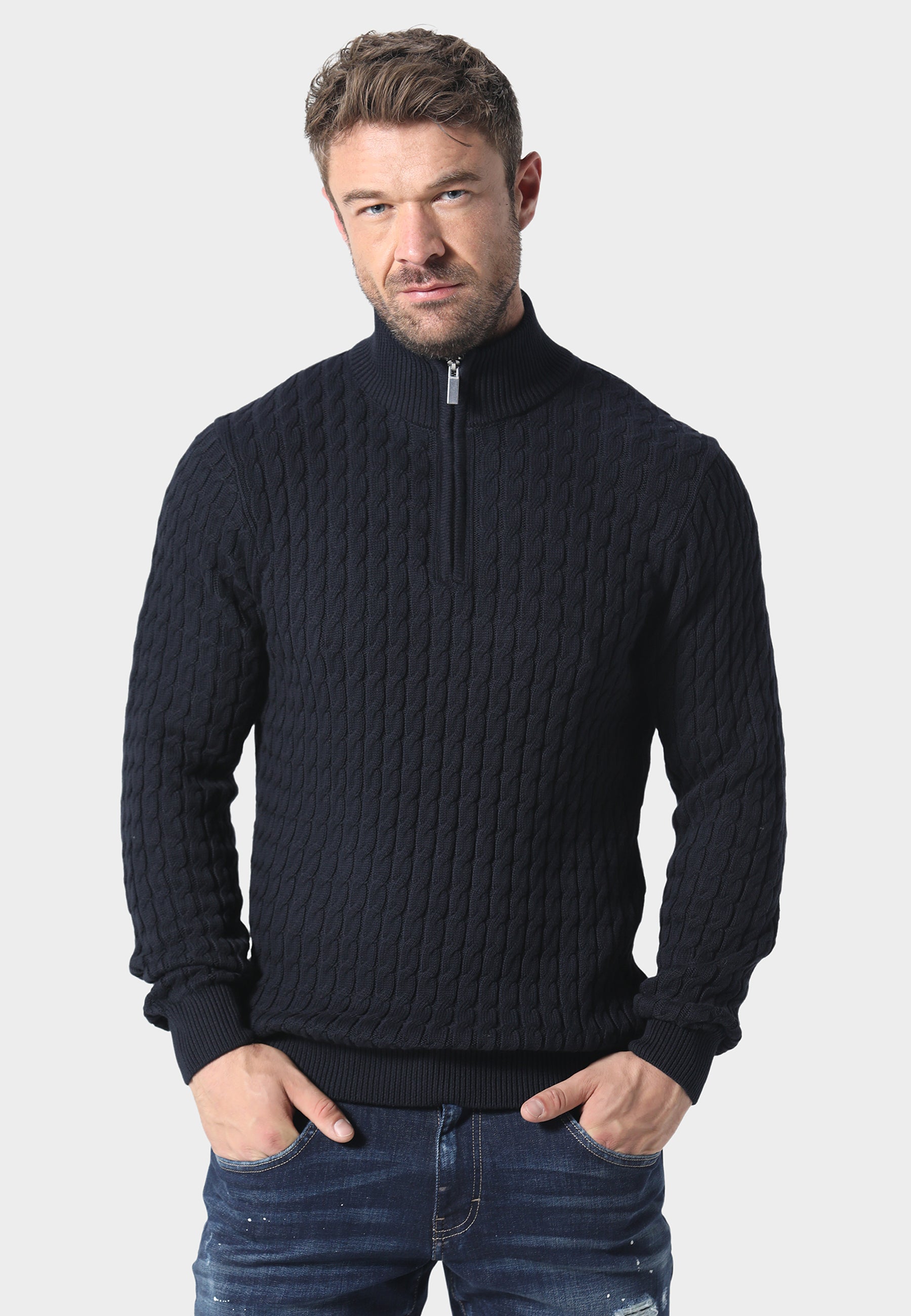 883 POLICE PORTIE 1/4 ZIP CABLE KNIT-NAVY