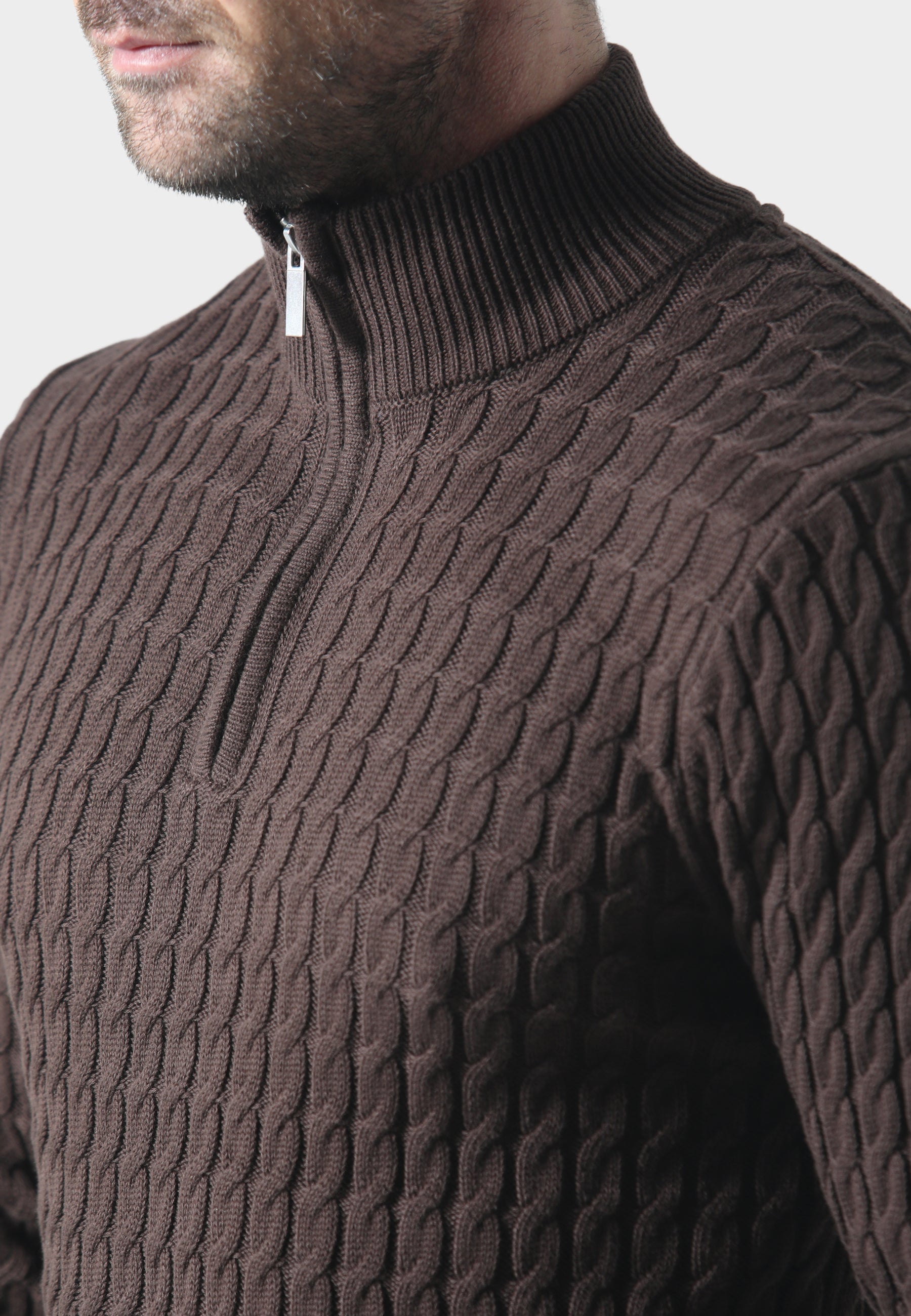 883 POLICE PORTIE 1/4 ZIP CABLE KNIT - BROWN