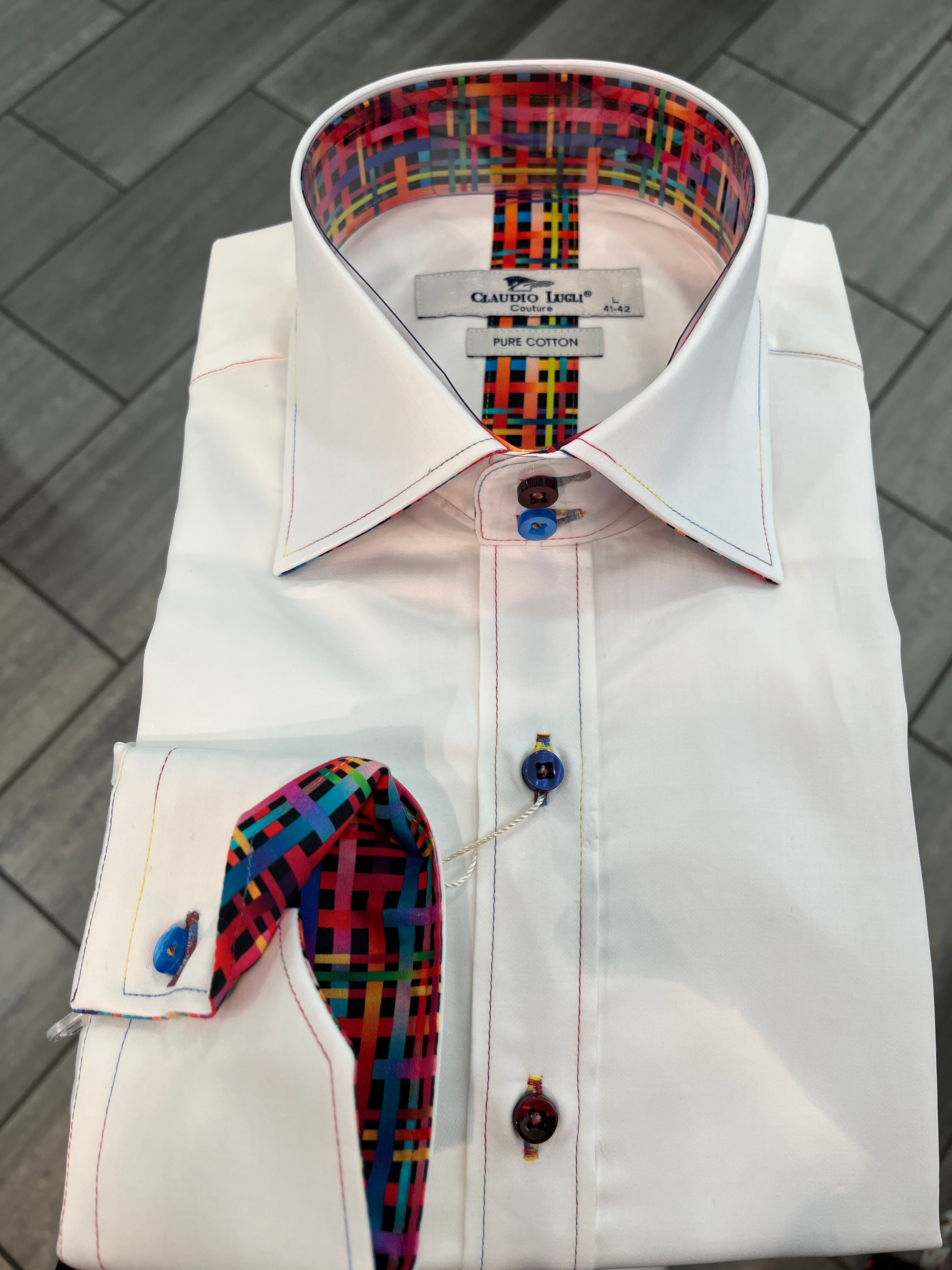 CLAUDIO LUGLI MULTI COLOURED STITCH COLLAR MENS LONG SLEEVE SHIRT - WHITE - CP6943