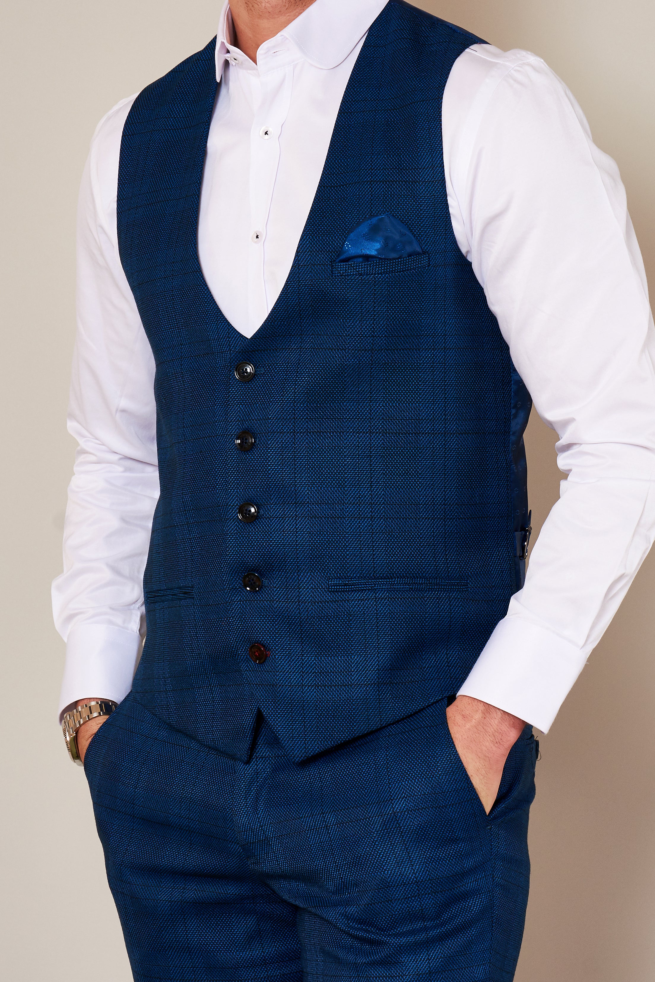 SIZES AVAILABLE IN STORE - Marc Darcy Jerry Blue Check Waist Coat